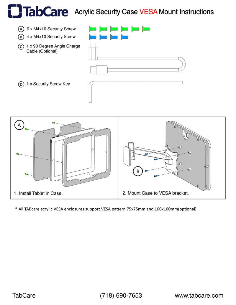 TABcare Acrylic VESA, Wall Mount & Desktop Stand Installation Guides