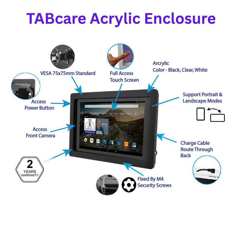 Samsung Galaxy 10" 11" TAB S 10.5, S2 S3 9.7, S4 S5 S5e S6 10.5, Lite 10.4, S7 11" S8 S9 Acrylic Security Enclosure VESA Ready